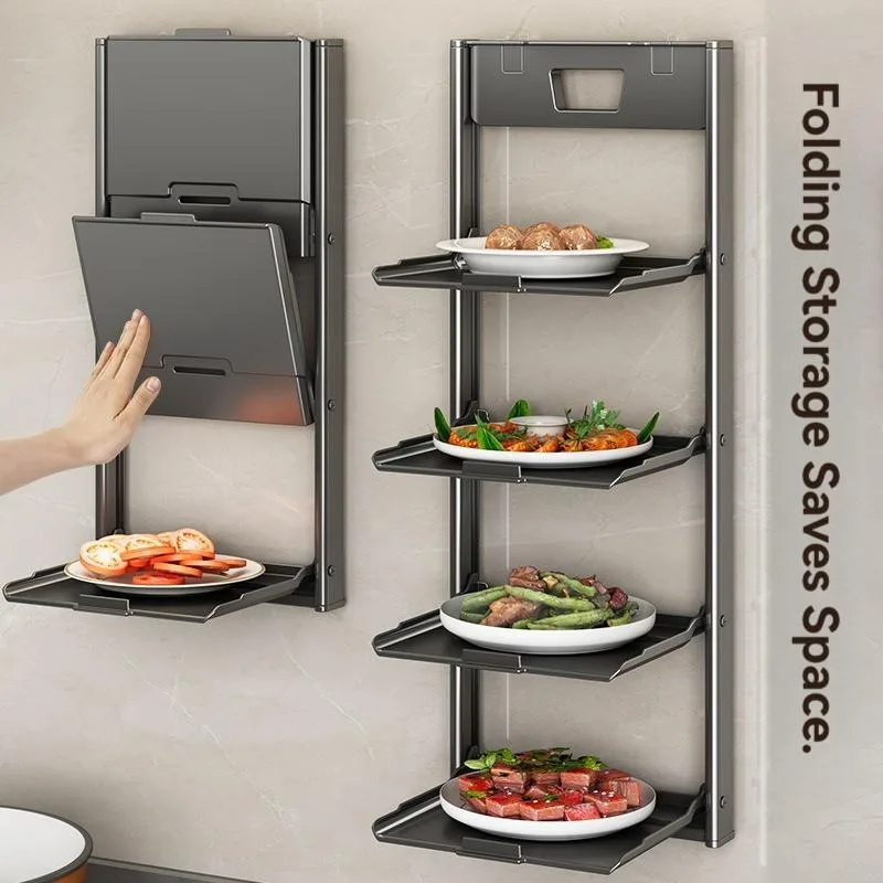 Cawan Sedut Rak Boleh Lipat Berbilang Tingkat Dapur Lekap Dinding Pemegang Pinggan Sayur - Image 6