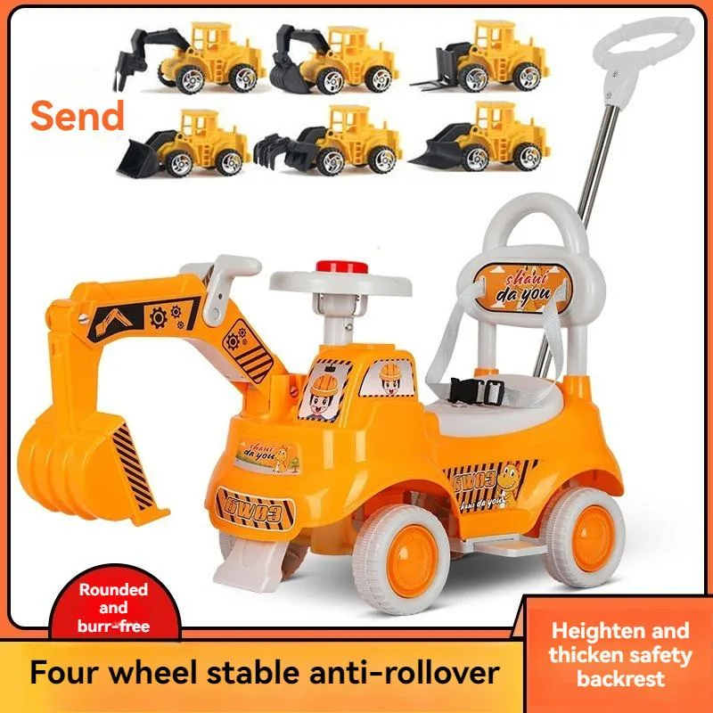 Kids Ride On Excavator Toy With Push Handle Sliding Engineering Scooter Kereta Luncur Bayi Tema Jentera Penggali - Image 6