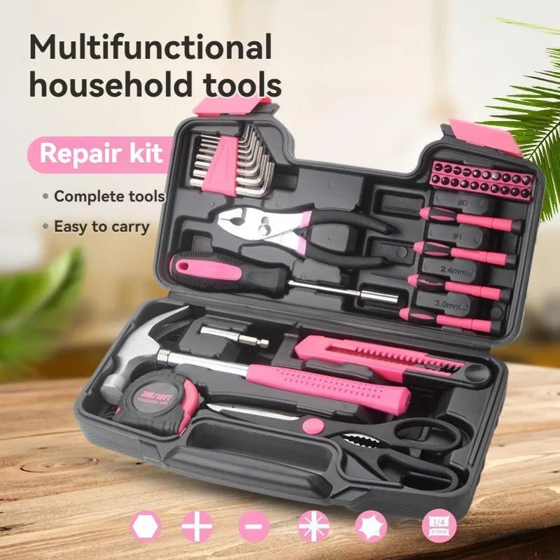 Set Alat Wanita 39 Keping Warna Merah Jambu, Set Pemutar Skru & Peralatan Baiki Rumah Manual - Image 6