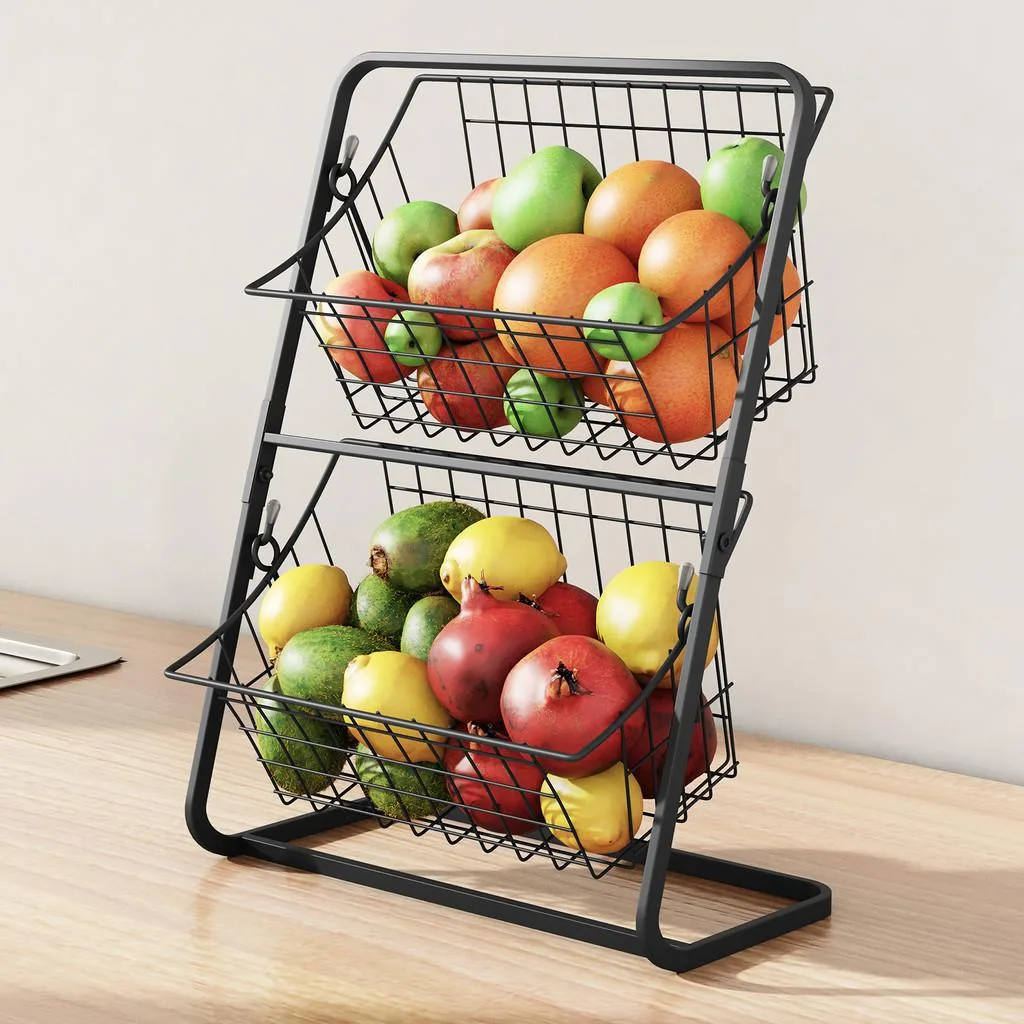 Rak Dapur Dua Tingkat Atas Meja Simpan Bawang Halia Bawang Putih Sayur Buah Dan Snek - Image 7