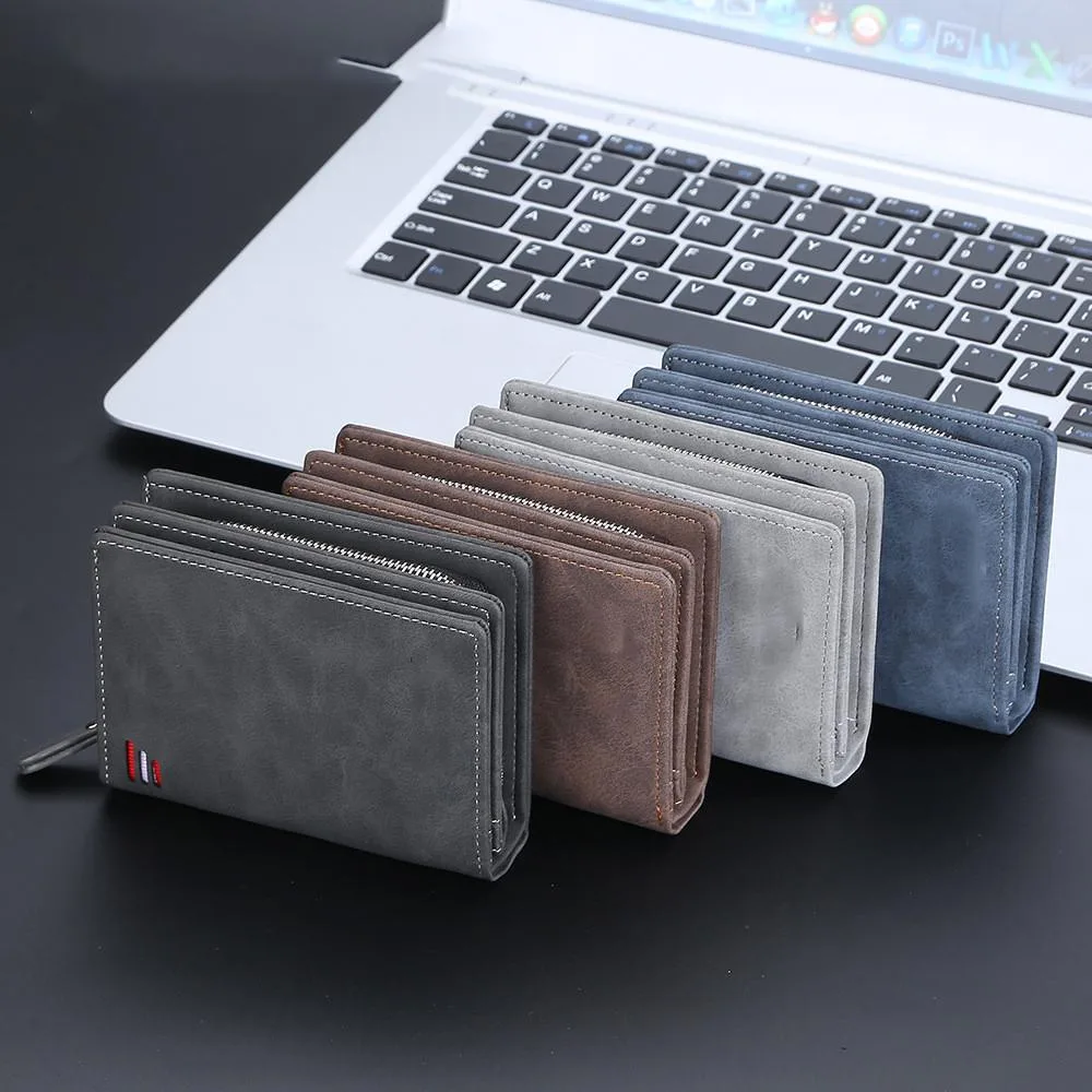 Dompet Lelaki Pendek Eropah Amerika Banyak Slot Kad Dengan Zip Dan Butang Kulit Matte Serbaguna - Image 7