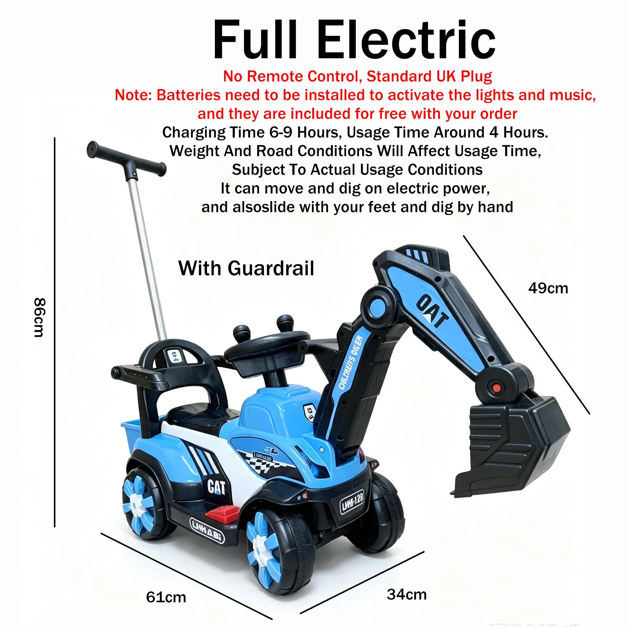 Mainan Jengkaut Elektrik Sit & Ride untuk Kanak-Kanak 1-5 Tahun dengan Lengan Gali - Image 10