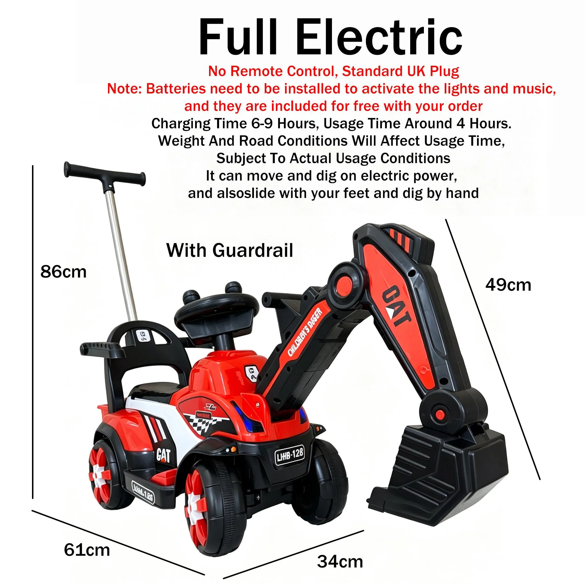 Mainan Jengkaut Elektrik Sit & Ride untuk Kanak-Kanak 1-5 Tahun dengan Lengan Gali - Image 12